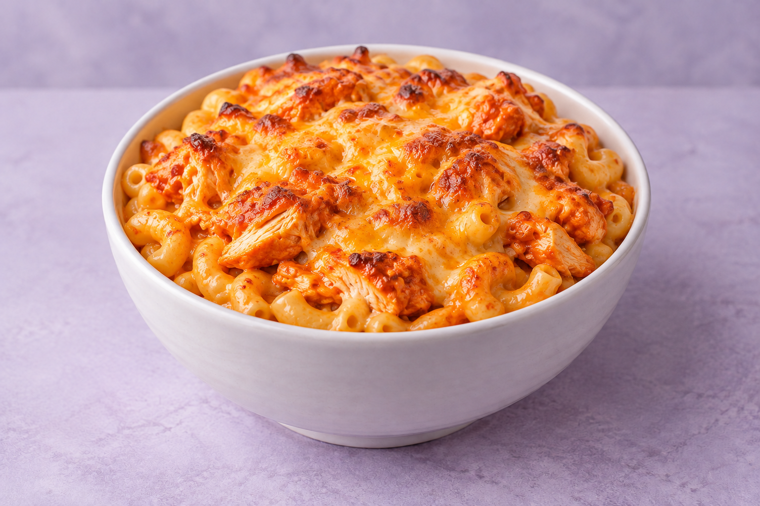 Baked mac and cheese with a golden cheese crust and buffalo chicken in a white bowl