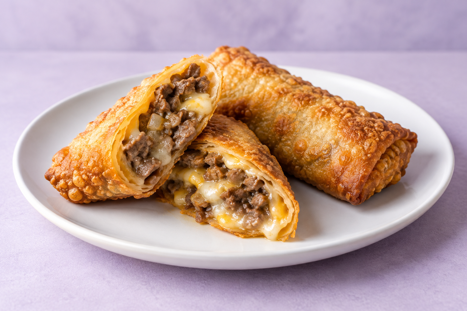 Crispy steak and cheese egg rolls with a cut-open filling